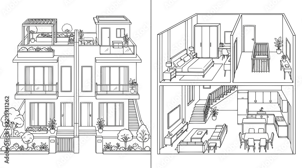 Obraz premium Duplex House Line Art Vector Illustration | Modern Residential Architecture Drawing | Elegant Home Outline Design