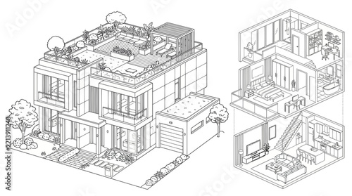 Duplex House Line Art Vector Illustration | Modern Residential Architecture Drawing | Elegant Home Outline Design