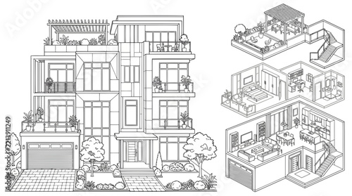 Duplex House Line Art Vector Illustration | Modern Residential Architecture Drawing | Elegant Home Outline Design