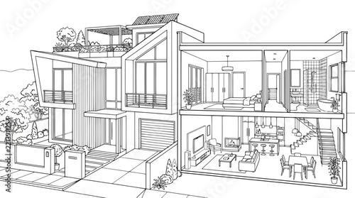 Duplex House Line Art Vector Illustration | Modern Residential Architecture Drawing | Elegant Home Outline Design