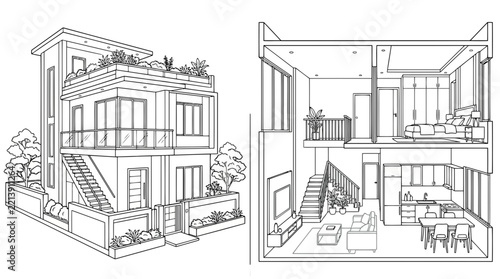 Duplex House Line Art Vector Illustration | Modern Residential Architecture Drawing | Elegant Home Outline Design
