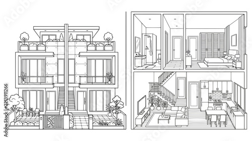 Duplex House Line Art Vector Illustration | Modern Residential Architecture Drawing | Elegant Home Outline Design