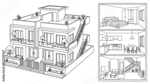 Duplex House Line Art Vector Illustration | Modern Residential Architecture Drawing | Elegant Home Outline Design