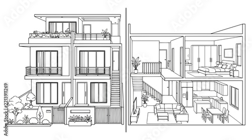 Duplex House Line Art Vector Illustration | Modern Residential Architecture Drawing | Elegant Home Outline Design