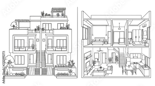 Duplex House Line Art Vector Illustration | Modern Residential Architecture Drawing | Elegant Home Outline Design
