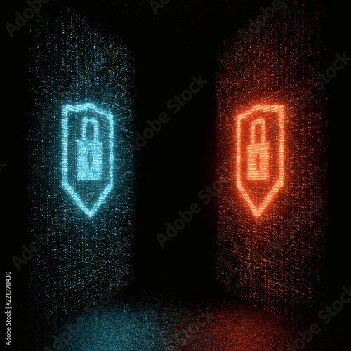 Blue and red digital shields with padlock made of particles, cybersecurity concept
