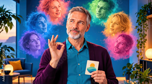 Beatured mature man holding card with sunrise symbol while surrounded by colorful translucent floating faces. Mental health and personality disorder concept