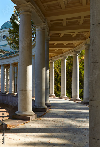 Obraz na plátně White classical colonnade with tall pillars and coffered ceiling beside a domed