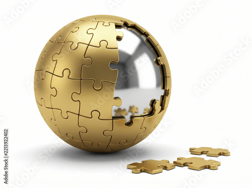 Golden jigsaw puzzle sphere with missing pieces on white backdrop