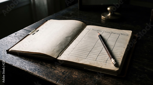 A moody, low-key of an open ledger book with a pencil resting on a lined accounting page, set on a dark, weathered wooden desk