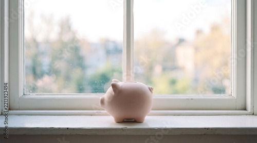 A pale pink ceramic piggy bank centered on a white windowsill in front of a bright window with a blurred outdoor background