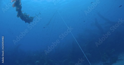 Pan down from surface to empty lobster cage.