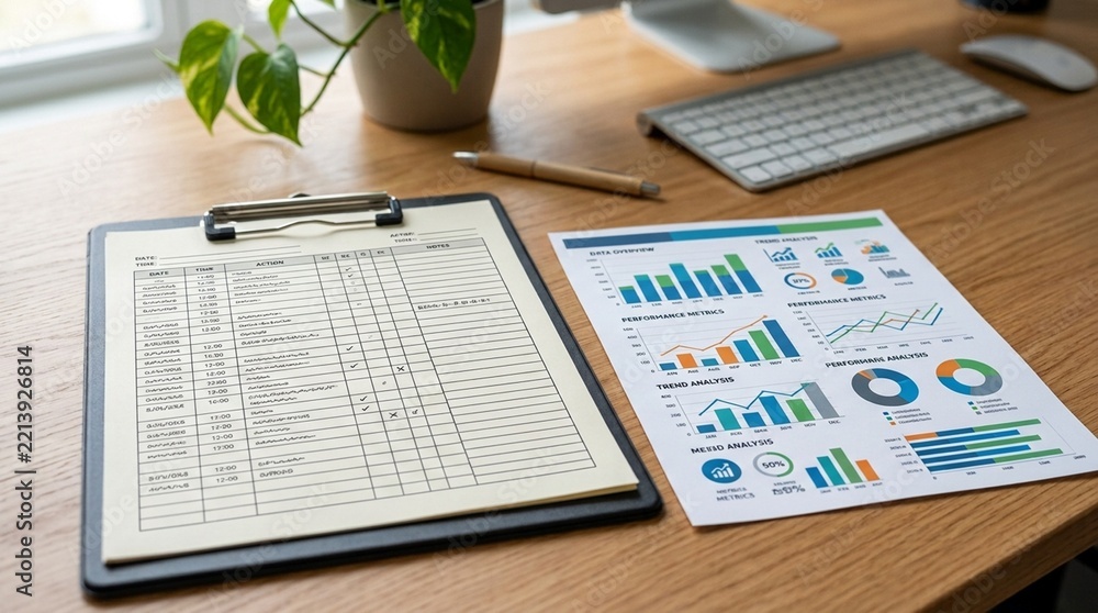 Obraz premium Audit Trail Sheet Clipped Beside Analytics Handout, Data Governance and Business Compliance Documentation