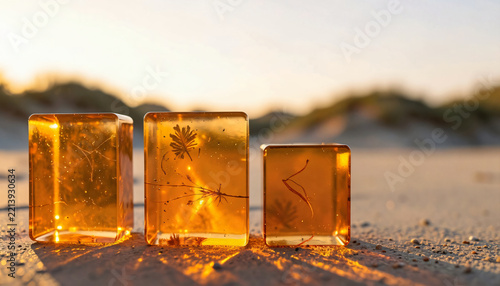 Translucent amber resin display blocks in warm sunrise light, luxury perfume bottle mockup background.