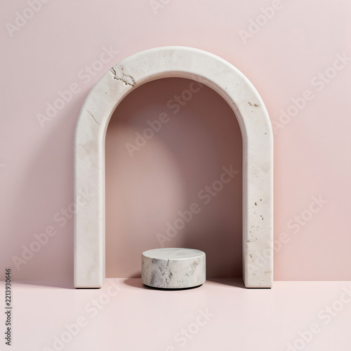 Curved ceramic archway frame around circular stone pedestal, skincare brand packaging mockup backdrop.