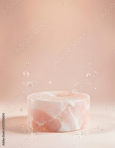 Polished rose quartz pedestal with water droplet and blush glow, luxury beauty product display backdrop.