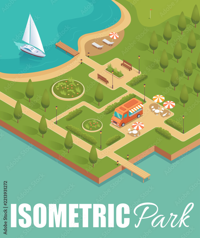 Fototapeta premium Colorful summer isometric park with recreation areas, food truck, pier, lake and yacht