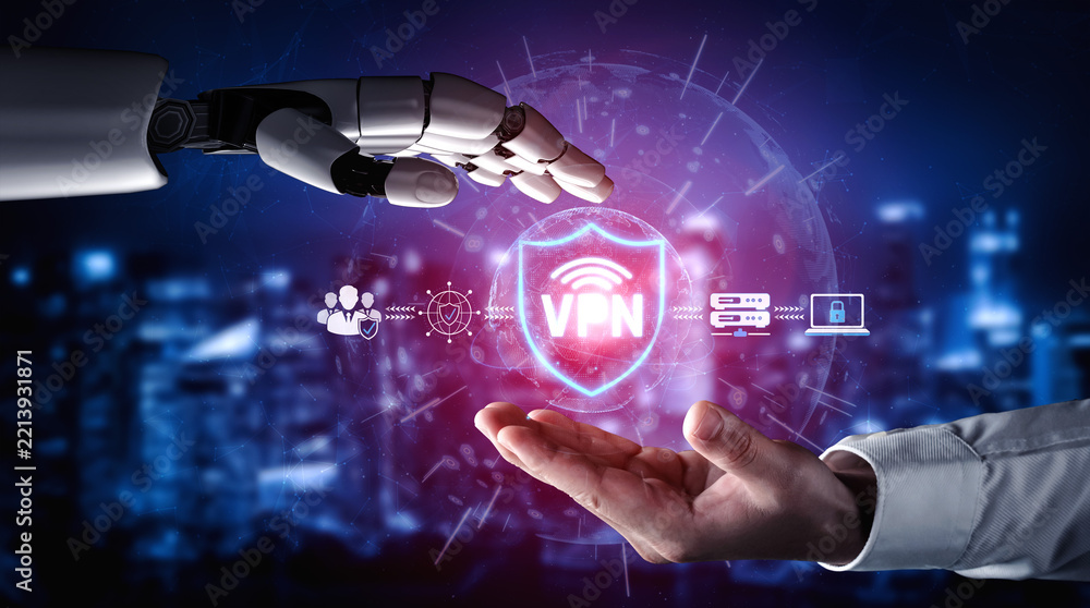 Fototapeta premium Robotic Hand Reaching for Virtual Private Network Symbol Representing Cybersecurity and Digital Protection in Modern Technology Environment Sigmoid