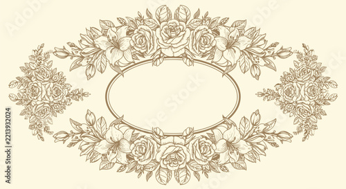 Elegant vintage floral vector frame with intricate roses and botanical line art decorations for luxury invitations