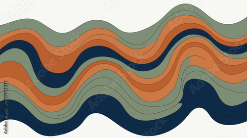 Abstract vector graphic featuring colorful wavy lines in retro orange green and navy blue tones for decorative backgrounds