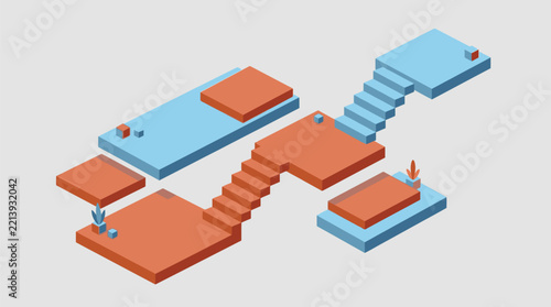 Isometric vector illustration featuring abstract geometric steps platforms and architectural structures rendered in stylish blue and orange tones