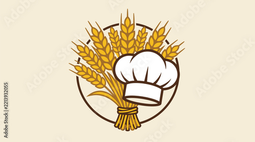 Vintage vector graphic illustration featuring chef hat and golden wheat stalks arranged inside a circle emblem