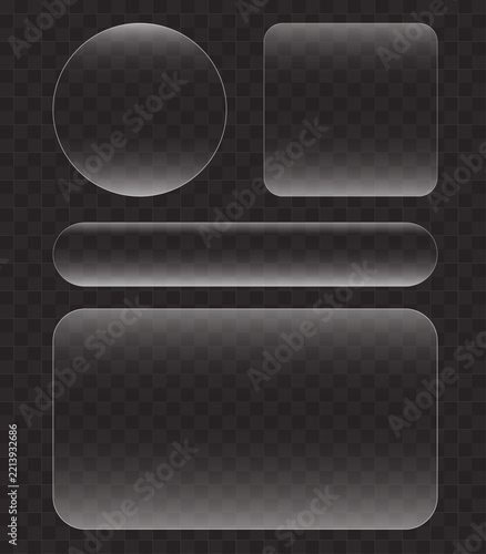 Set of modern glassmorphism UI elements. Frosted transparent glass shapes including circle, square, and panels on dark background for web and mobile app design.
