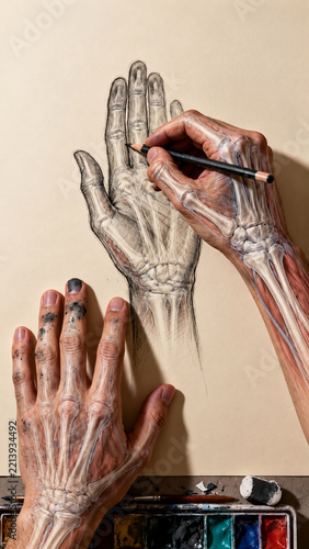 Artist hands with visible bones drawing anatomical hand sketch with pencil