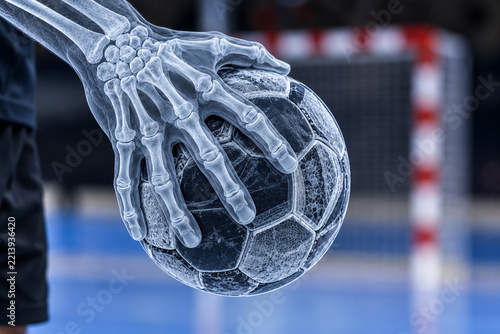 X-ray skeleton hand gripping handball on indoor court with goal