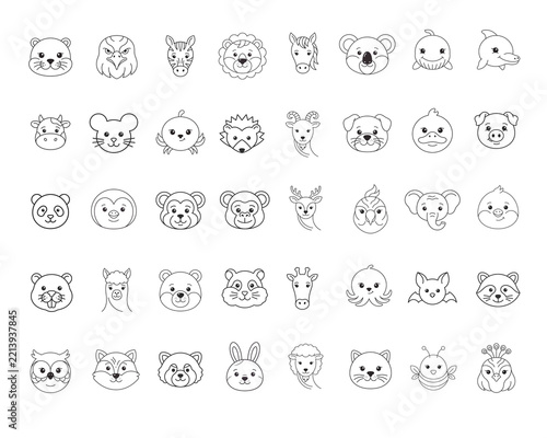 Set of 40 animal face line art icons, minimalist outline style