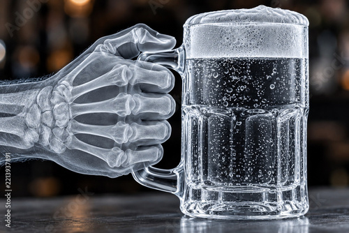 X-ray skeleton hand holding frosty beer mug with foam on bar counter
