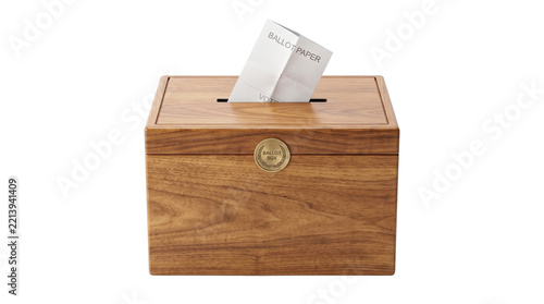 Wooden ballot box with inserted vote paper, democracy concept for election campaign, brown wood voting container on white background