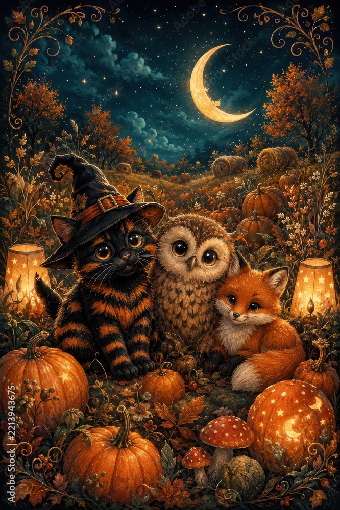 Fototapeta premium Whimsical Halloween woodland scene with cat, owl, fox and pumpkins