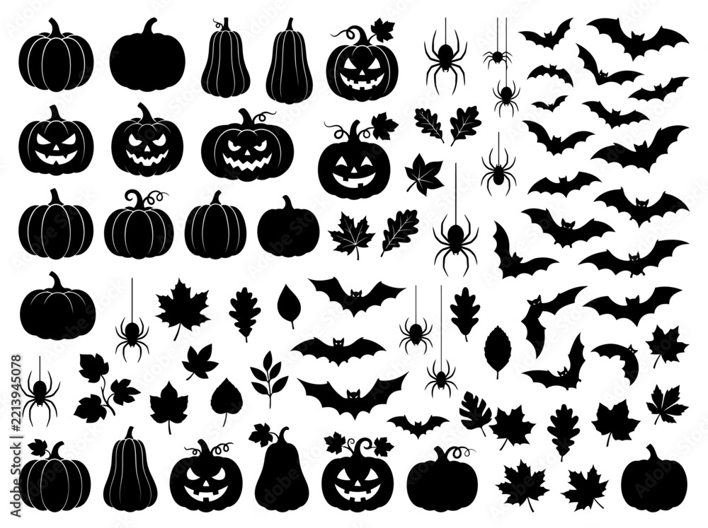 Fototapeta premium Halloween vector silhouettes with carved jack-o'-lanterns, pumpkins, flying bats, dangling spiders, and autumn leaves. Black icons isolated on white for festive seasonal graphic.ai