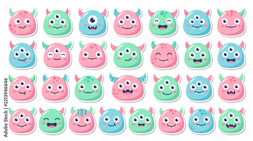 Fototapeta premium Cute Monster Sticker Collection featuring colorful cartoon alien faces with various expressions and horns in pastel colors, ideal for children's stationery and perfect for digital scrapbooking.