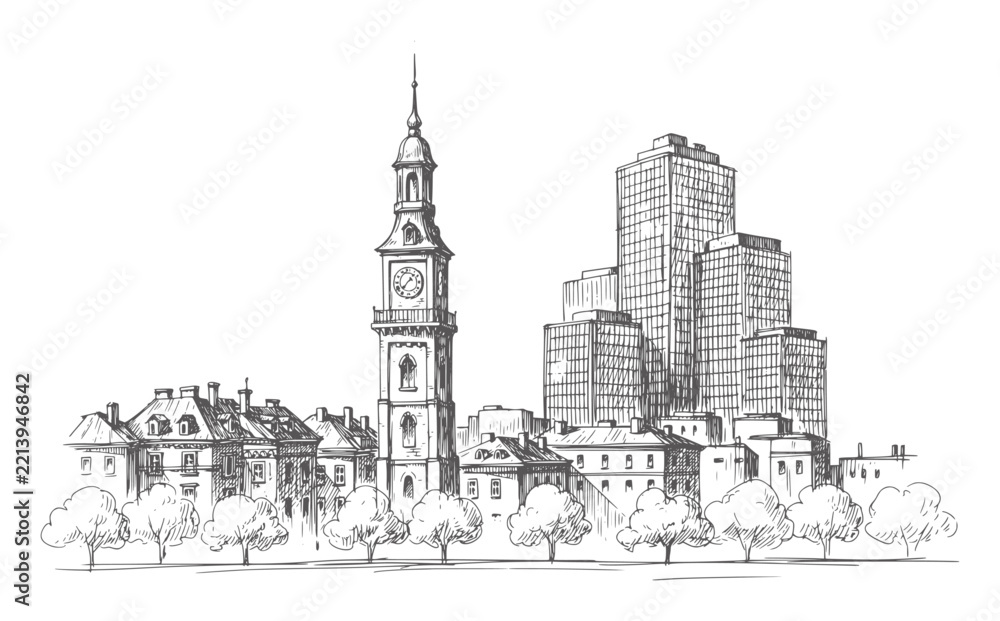 Fototapeta premium Of historic buildings and modern skyscrapers with trees city skyline architecture