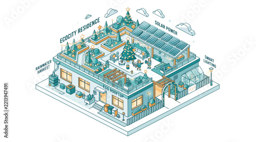 Isometric Rooftop Garden with Christmas Tree and Solar Panels