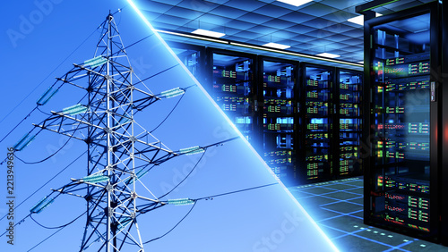 Data center infrastructure, server racks operate alongside high-voltage power transmission, linking digital computing systems with the electrical grid.
