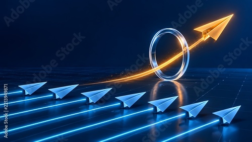 Golden paper airplane breaks through a glowing ring leading a line of blue paper airplanes on a futuristic grid background symbolizing success and innovation