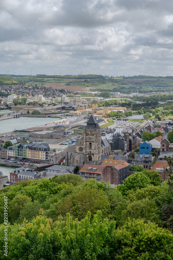 Fototapeta premium Views from view point on cliffs of Le Treport, seaside resort in Normandy, France, with white cliffs along English Channel, fishing industry and old buildings, travel destination in France