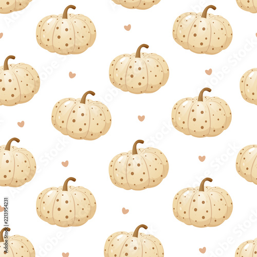 Beige Pumpkin Seamless Vector Pattern, Neutral Autumn Polka Dot Print, Textile Background for Fabric and Nursery Wallpaper with White Bac kground.