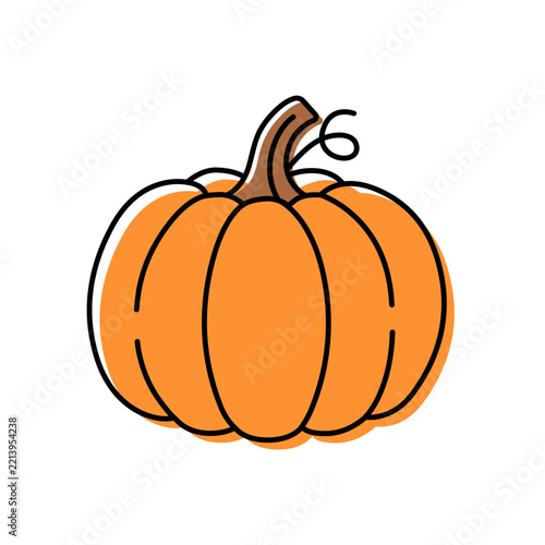 Ripe Pumpkin Vector Icon, Autumn Harvest Vegetable Clipart in Doodle Line Art with Offset Color Fill Isolated on White Background.
