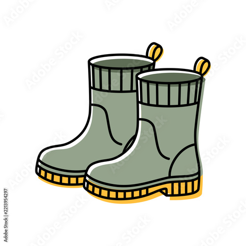 Rubber Boots Vector Icon, Autumn Rain Footwear Clipart in Doodle Line Art with Offset Color Fill Isolated on White Background.