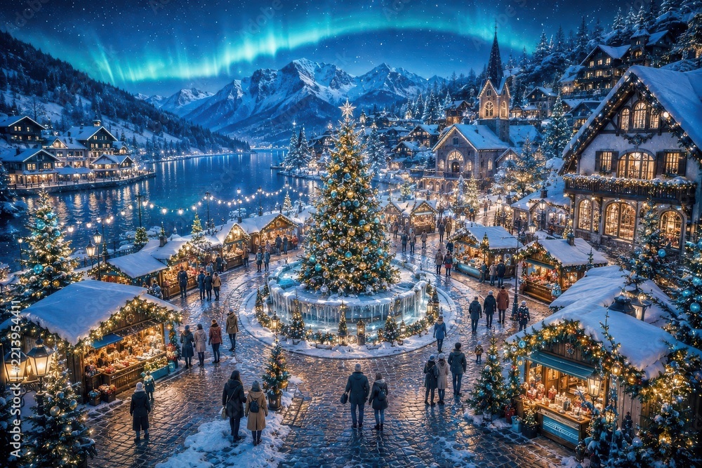 Fototapeta premium Enchanting snowy Christmas market beneath northern lights