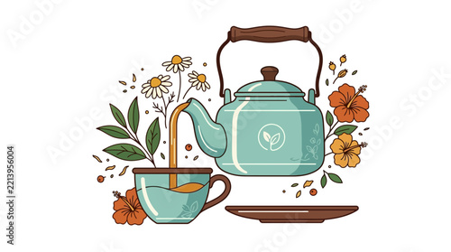 Vintage Herbal Tea Illustration with Teapot Pouring into Cup and Botanical Flowers