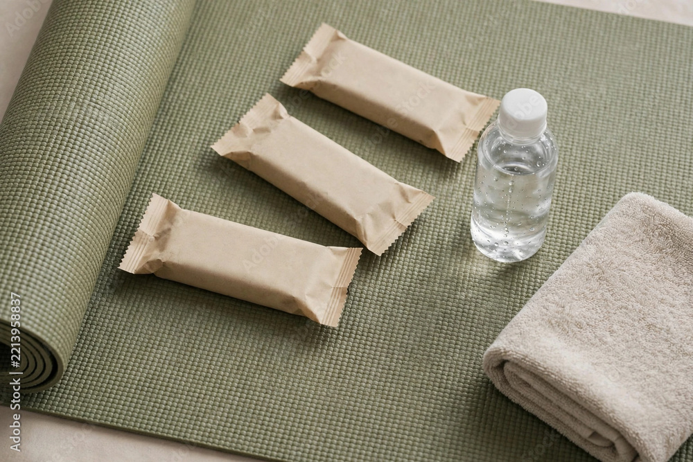 Fototapeta premium Energy Bar Pouches on Yoga Mat Mockup