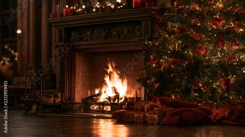 Cozy Christmas scene with a roaring fireplace and decorated tree with gifts