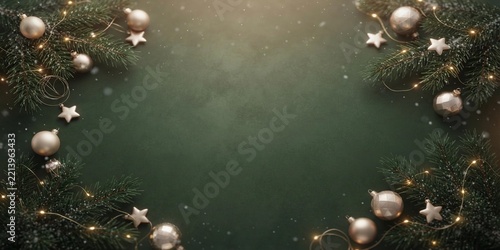 An elegant and minimalist early Christmas advertising background. Featuring fresh green evergreen pine branches, subtle warm golden bokeh lights, luxury champagne ornaments, and soft falling snow part