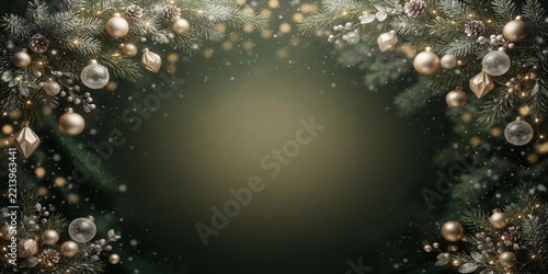 An elegant and minimalist early Christmas advertising background. Featuring fresh green evergreen pine branches, subtle warm golden bokeh lights, luxury champagne ornaments, and soft falling snow part