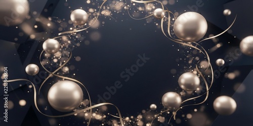An elegant and minimalist early Christmas advertising background. Featuring fresh green evergreen pine branches, subtle warm golden bokeh lights, luxury champagne ornaments, and soft falling snow part